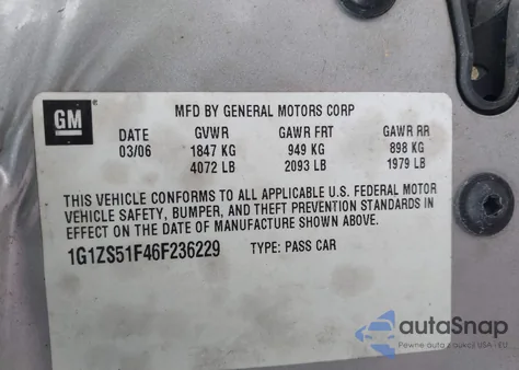 2006 Chevrolet Malibu Ls z USA, uszkodzony, nr VIN 1G1ZS51F46F236229